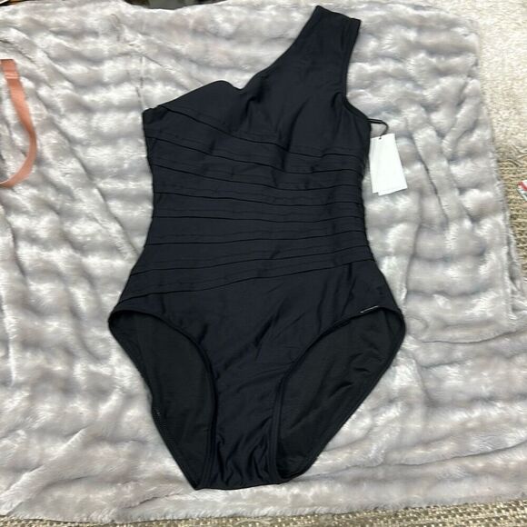 Calvin Klein Women S One Shoulder Starburst One Piece Swimsuit Black Size 8 - Picture 2 of 3